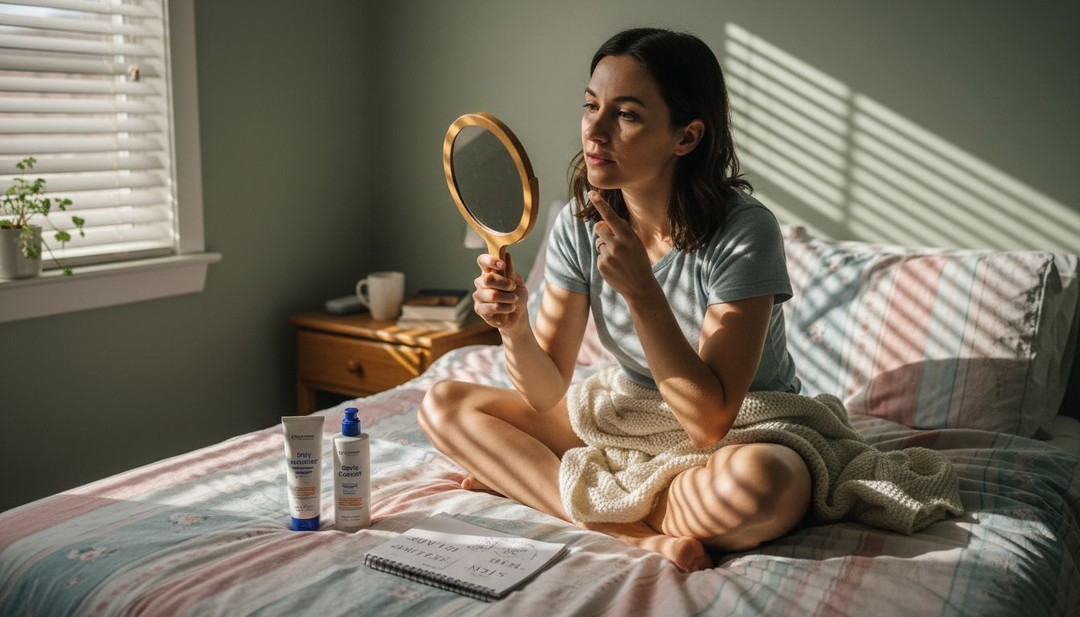 Woman assessing skin at home with notepad